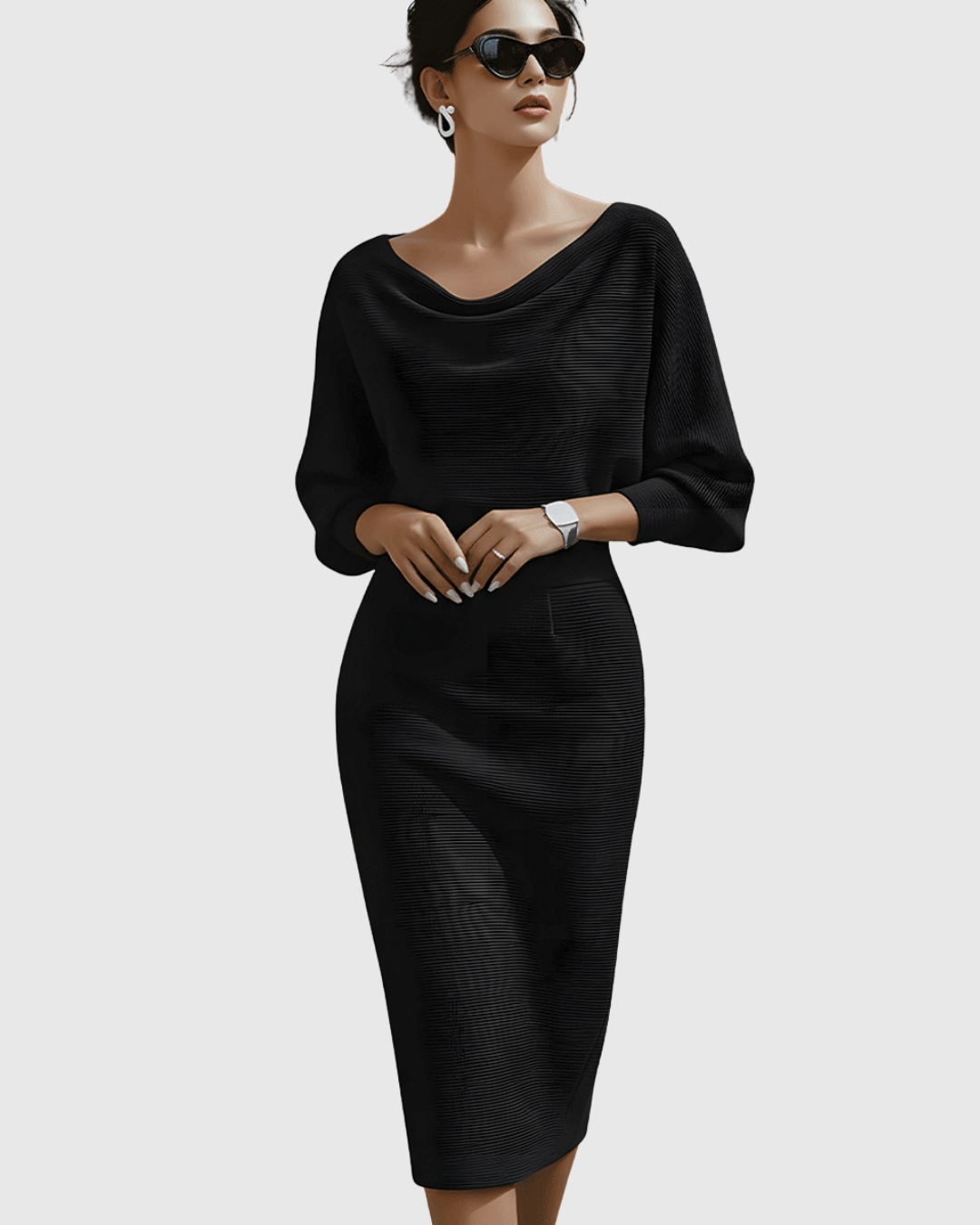 Ismeria | White Draped Batwing Midi Dress
