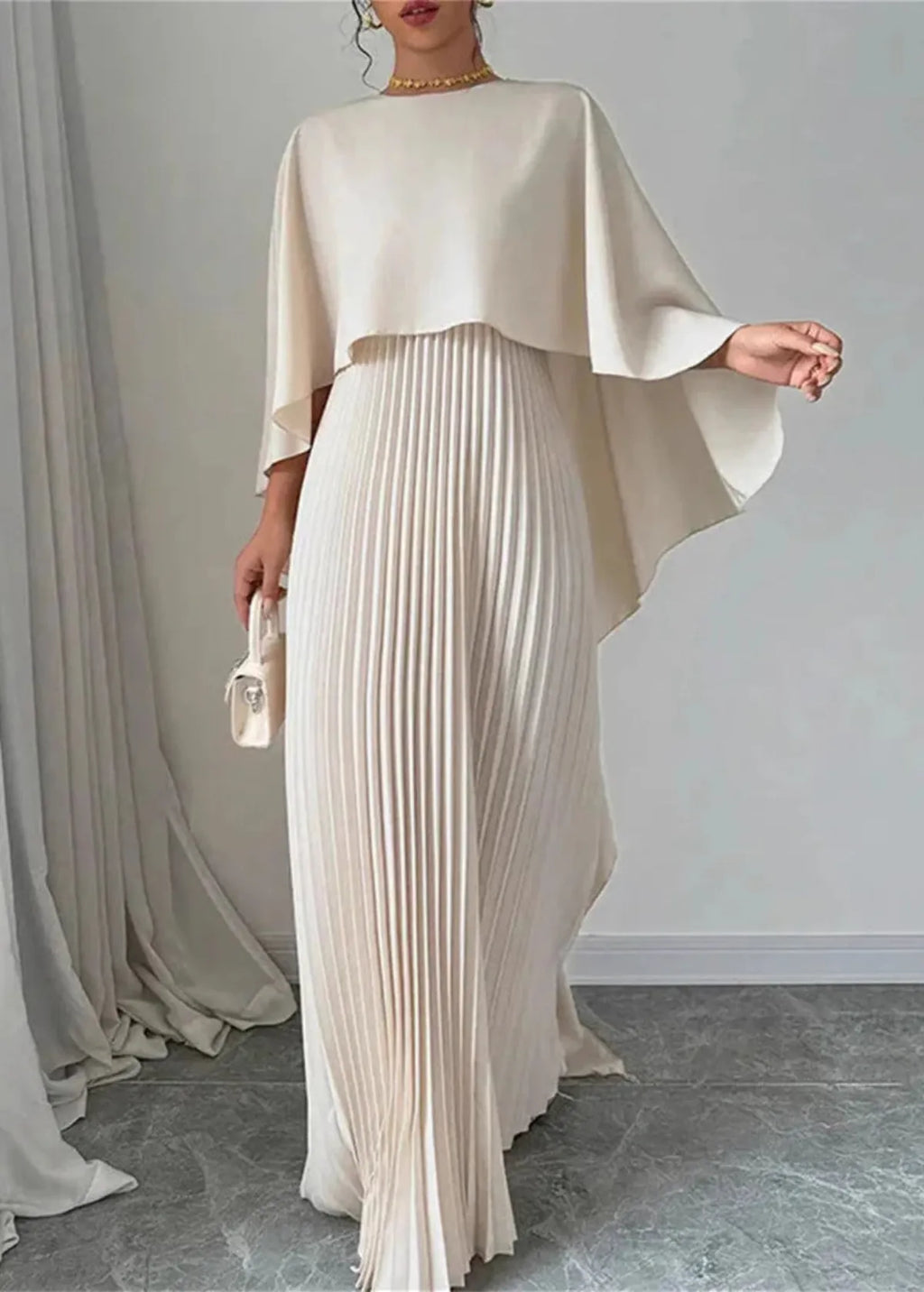 Amelia | Women’s Pleated Cape Overlay Maxi Dress